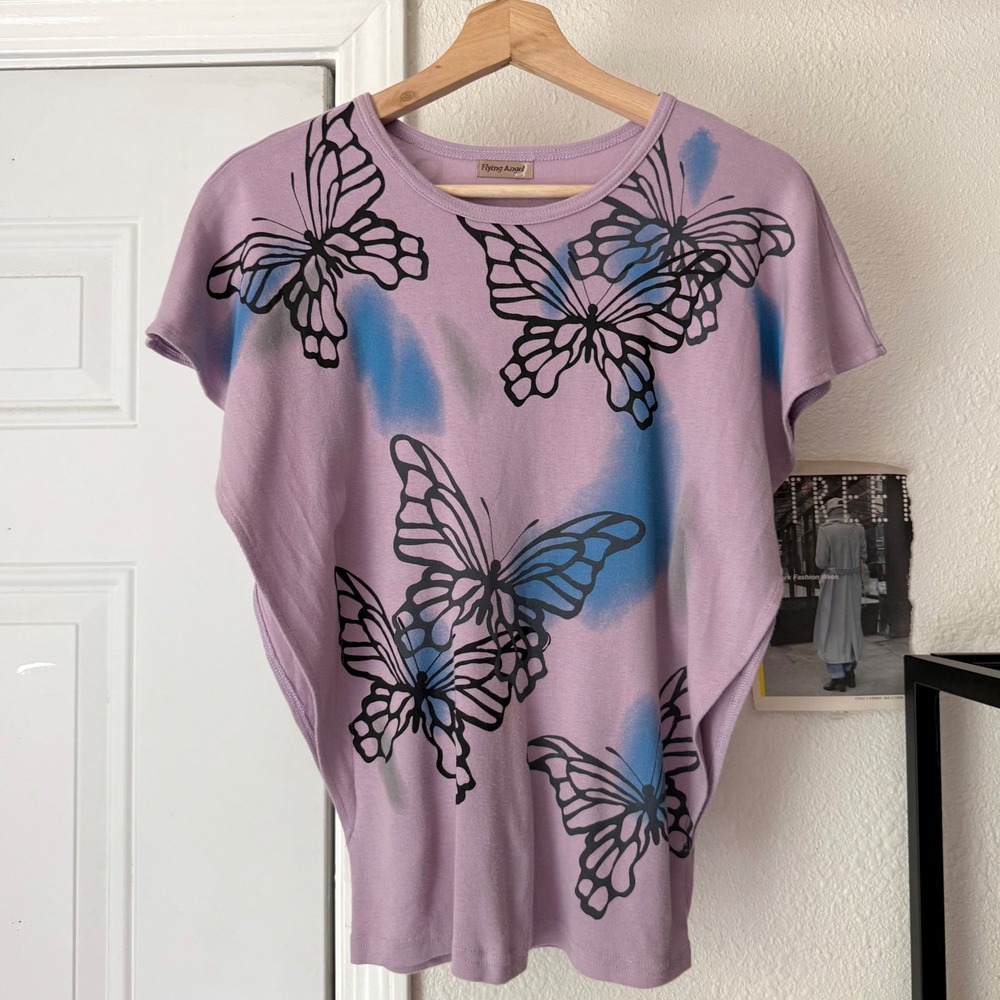 FLYING ANGEL dusty lavender lilac purple butterfly tie dye cropped tee top